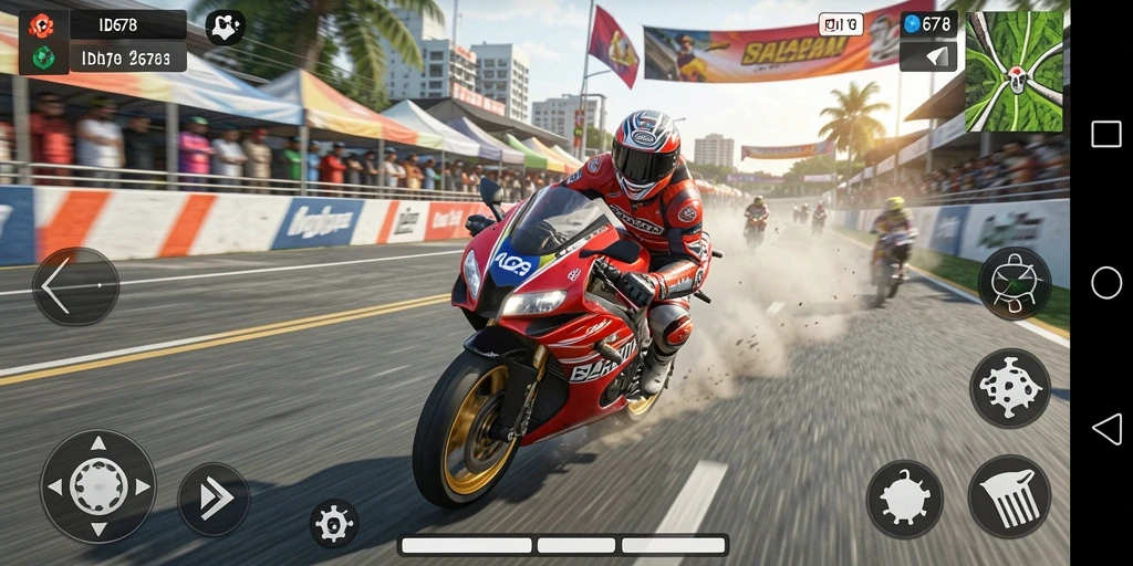 Tampilan gameplay menegangkan dari ID678 saat balapan motor.