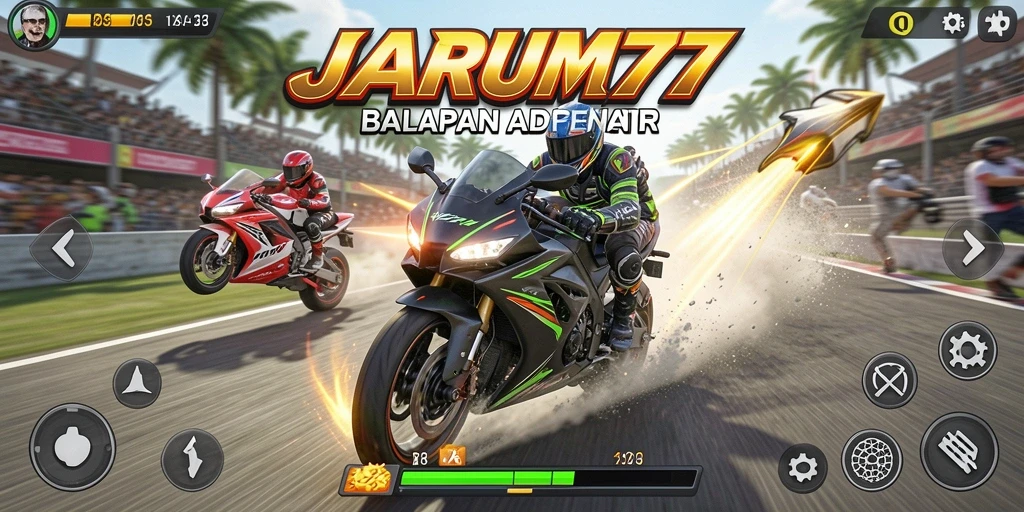 Screenshot gameplay JARUM77 menampilkan balapan motor yang mendebarkan.