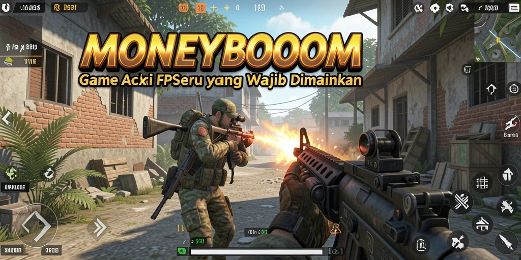 Tangkapan layar menunjukkan aksi intens di MONEYBOOM dengan gameplay FPS yang menarik.