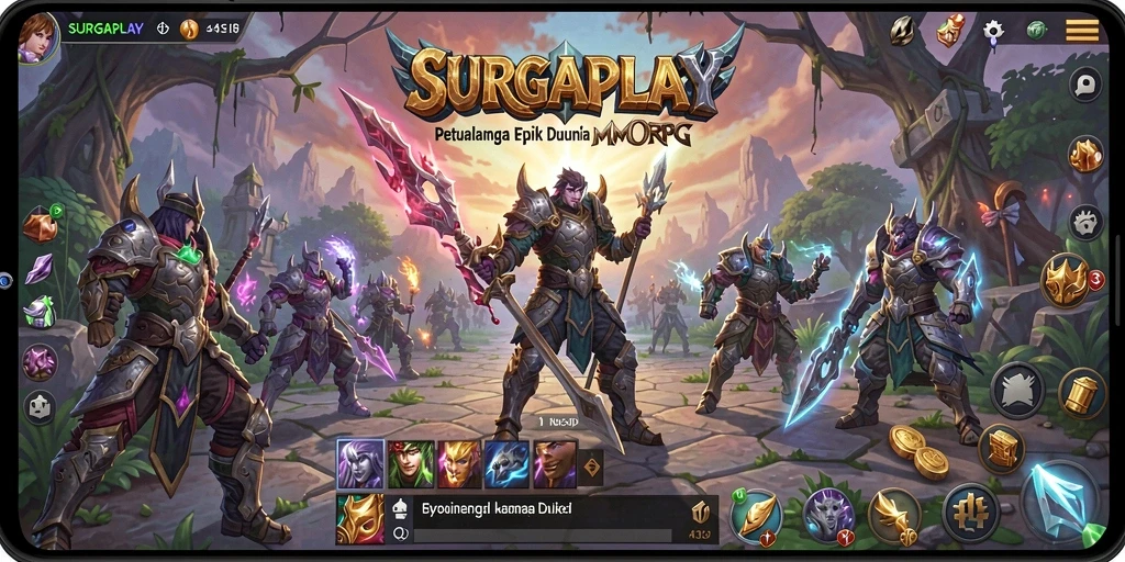 Screenshot utama SURGAPLAY menampilkan pertarungan epik di dunia MMORPG.