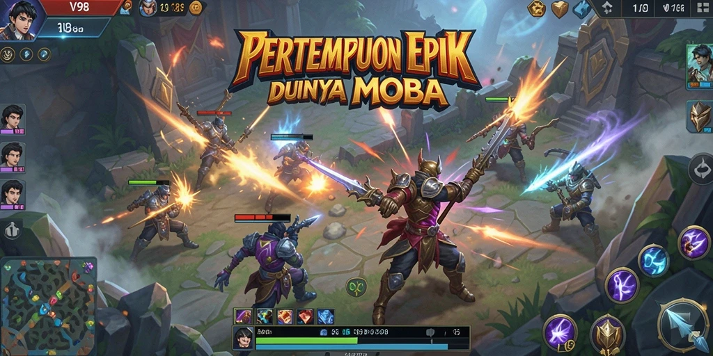 Screenshot V98 yang menampilkan aksi pertarungan karakter MOBA.